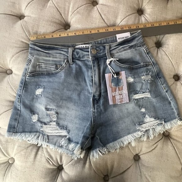 Wax Jeans Shorts Womens Médium Blue Denim Distressed Boyfriend Fit Casual Ladies - Picture 4 of 12